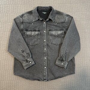 Denim Pearl Snap Shacket Shirt Women's Medium Gray Cowgirl Western Yoke Rodeo